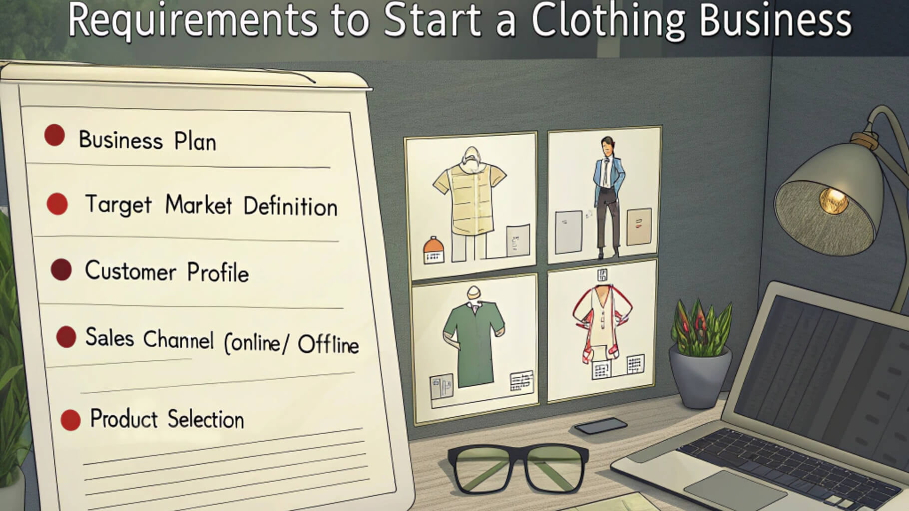 A flowchart showing the steps to start a clothing business