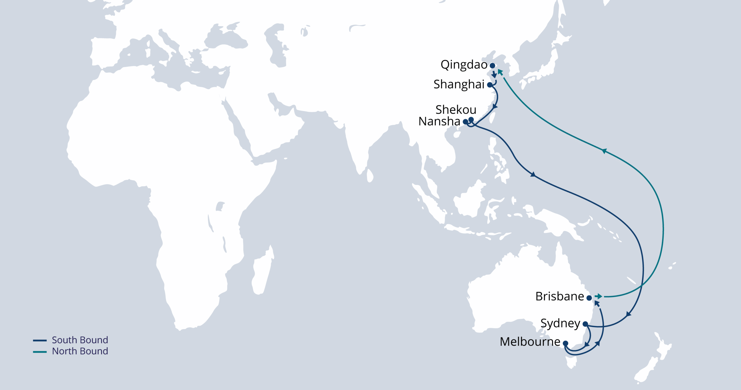 A map of the world with a line connecting China and Australia