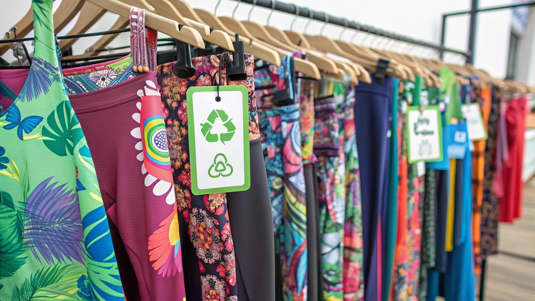 A rack of activewear featuring vibrant prints and recycled fabric tags