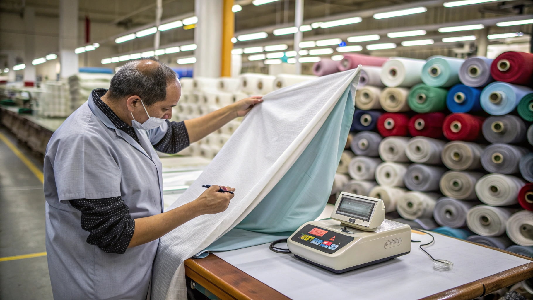 Systematic fabric inspection process A quality inspector examining a roll of fabric with a magnifying glass