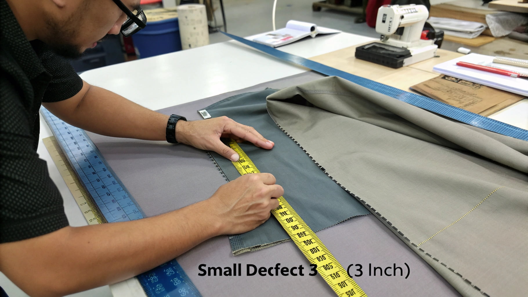 Rejecting and marking failed fabric A rejected roll of fabric with a large red tag on it
