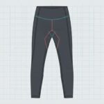 Technical illustration of leggings pattern highlighting crotch area engineering to prevent camel toe.