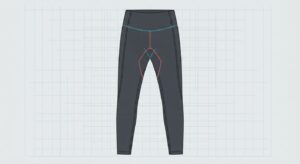 Technical illustration of leggings pattern highlighting crotch area engineering to prevent camel toe.