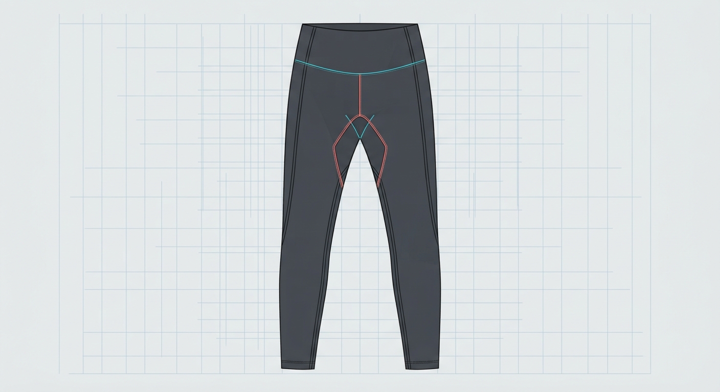 Technical illustration of leggings pattern highlighting crotch area engineering to prevent camel toe.