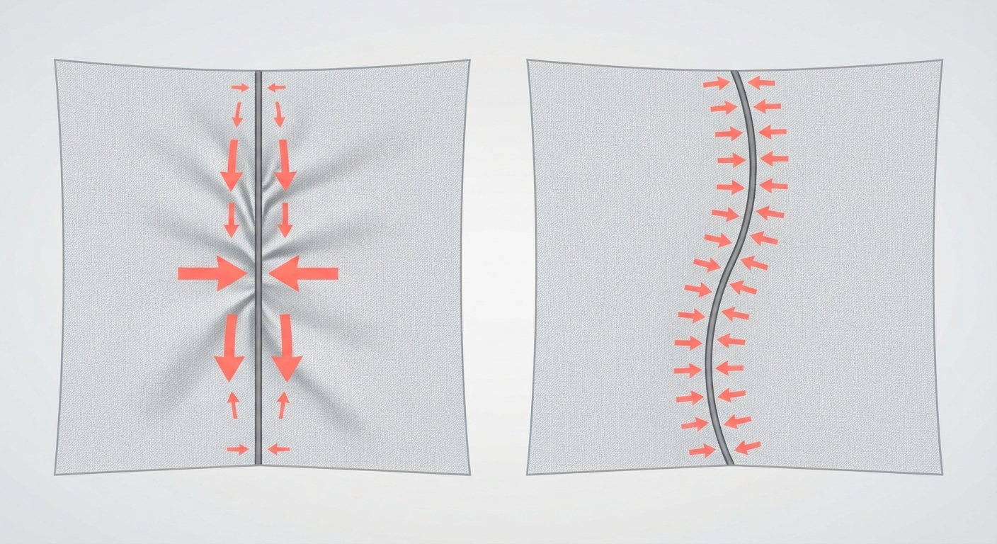 Comparison of vertical fabric tension on a straight seam versus a curved seam.