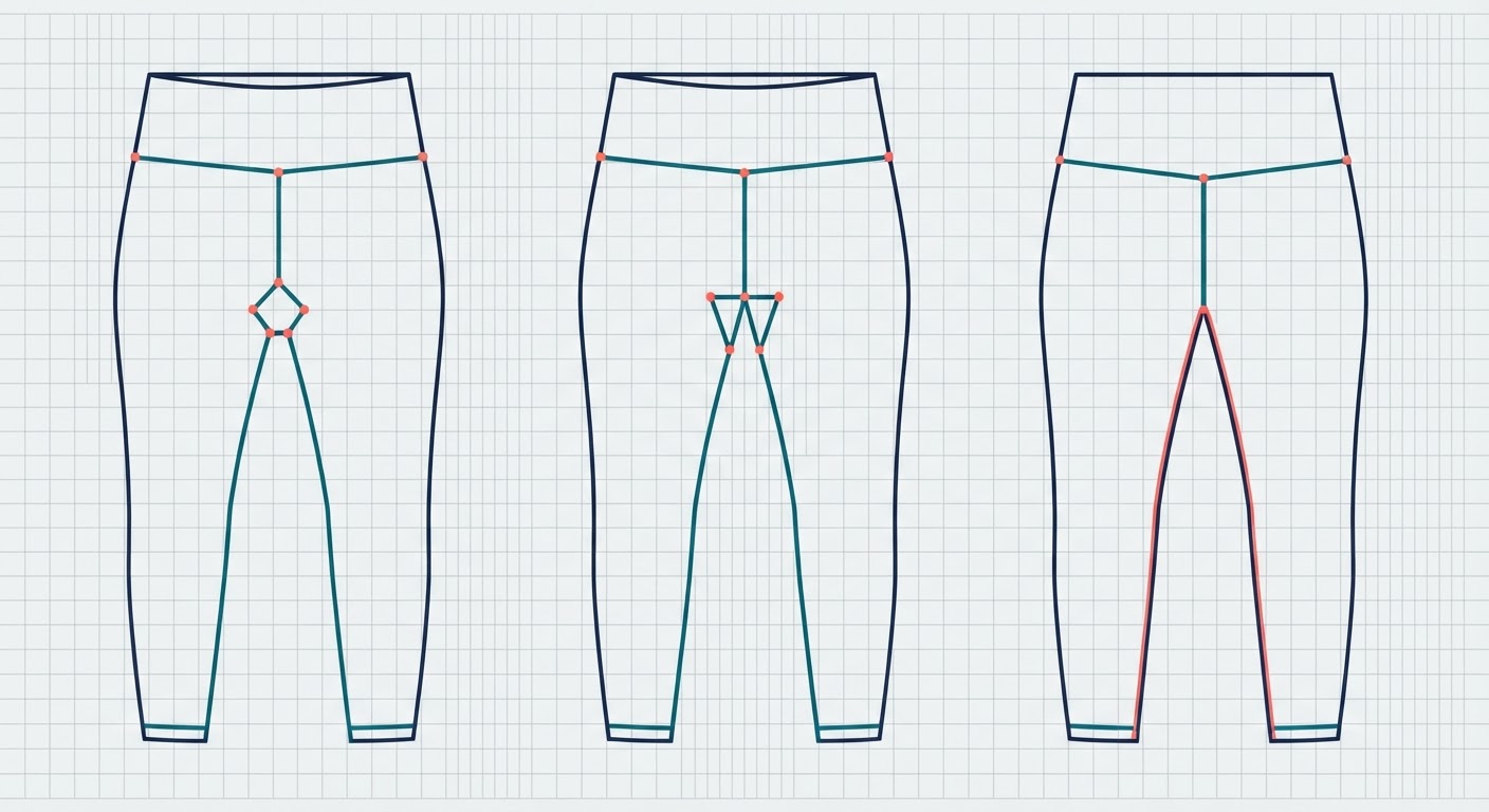 Flat pattern templates for diamond gusset, triangular gusset, and seamless front legging designs.