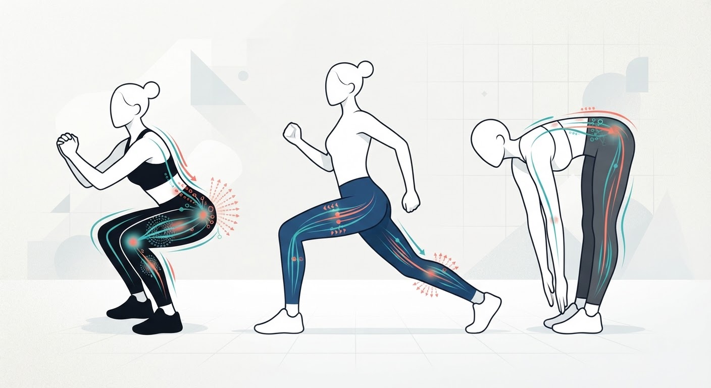Process diagram showing dynamic fit testing with movement overlays on activewear leggings.