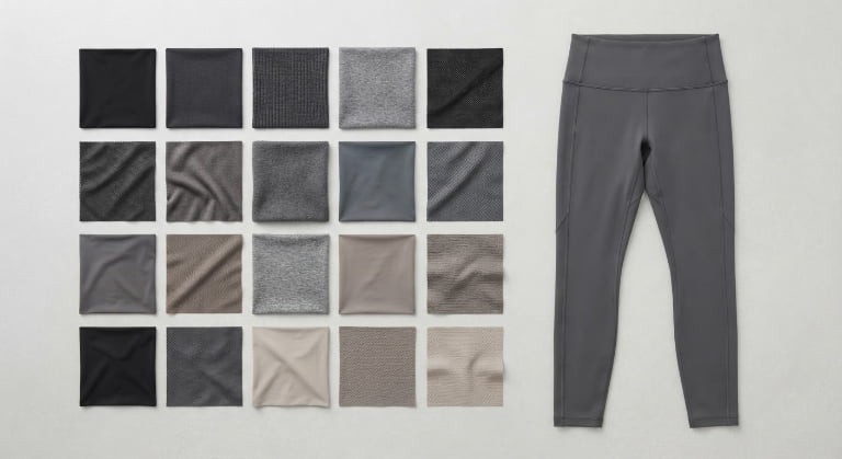 A collection of high-quality textile swatches in different textures and colors, representing the variety of fabric options for activewear.