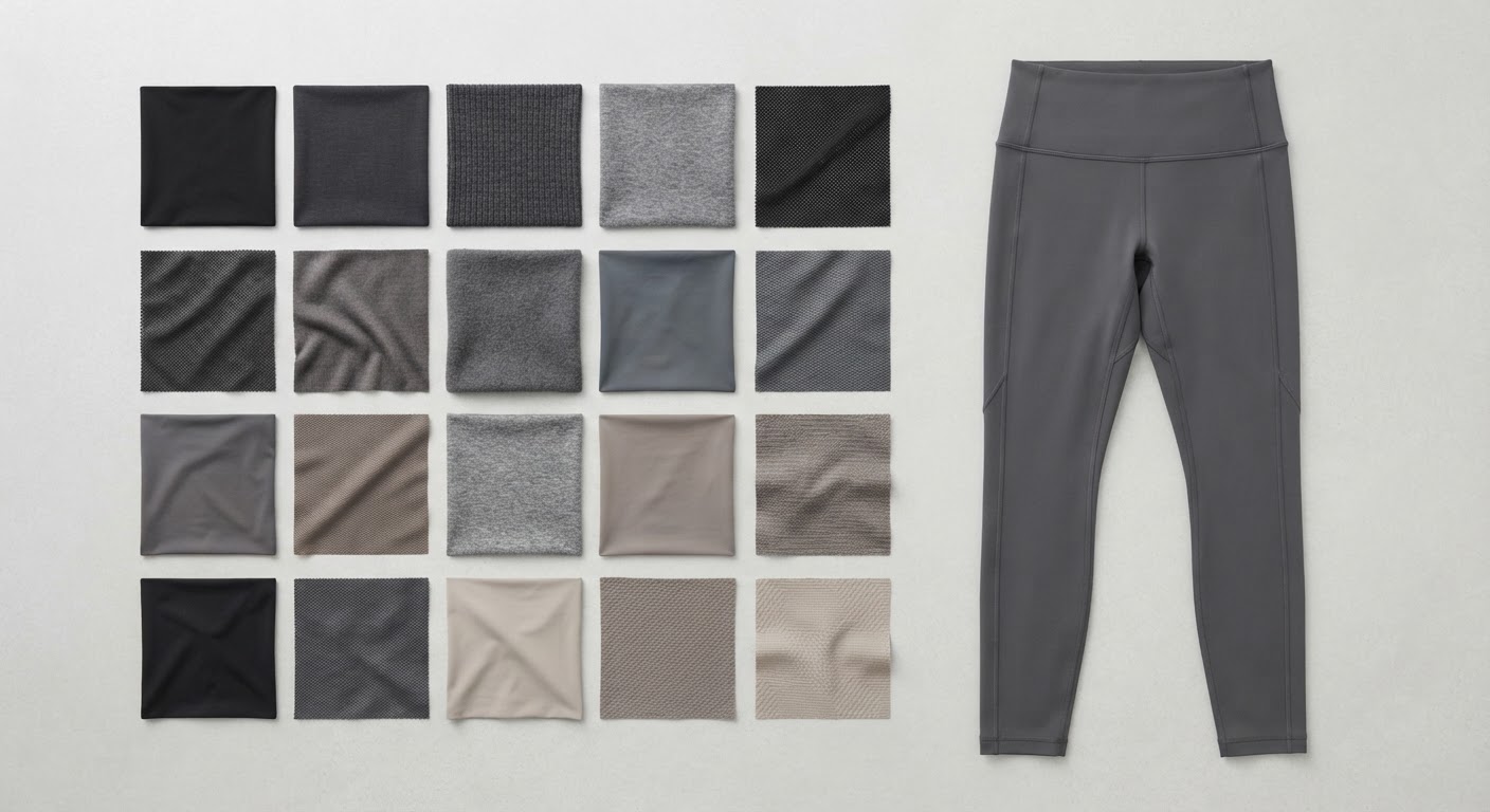 A collection of high-quality textile swatches in different textures and colors, representing the variety of fabric options for activewear.