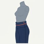Technical illustration showing a legging waistband rolling down on a stylized mannequin torso.