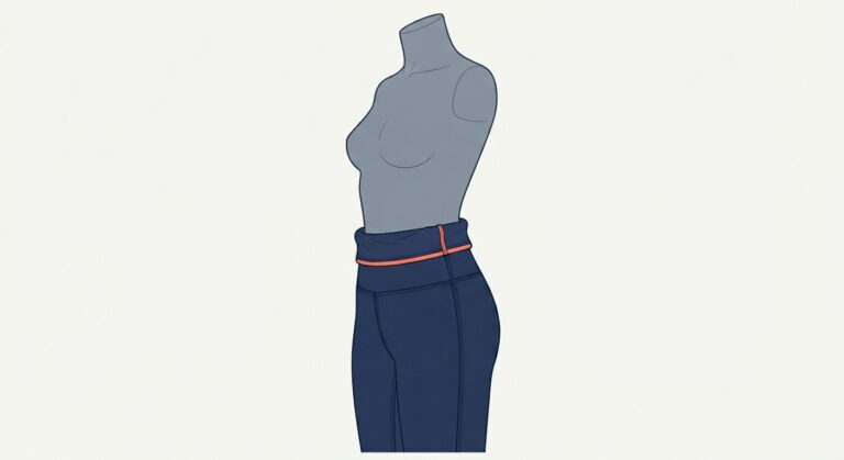 Technical illustration showing a legging waistband rolling down on a stylized mannequin torso.