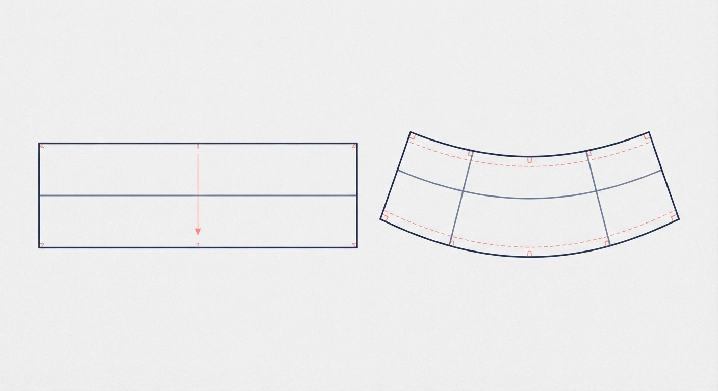 Technical pattern comparison showing a straight waistband pattern versus an ergonomically curved waistband pattern.