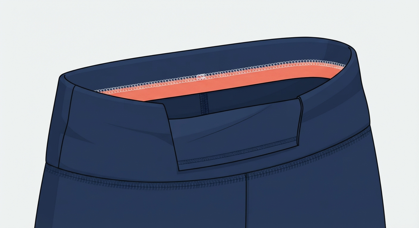 Cutaway technical diagram of a double-layer waistband showing an internal elastic band stitched inside the top seam.
