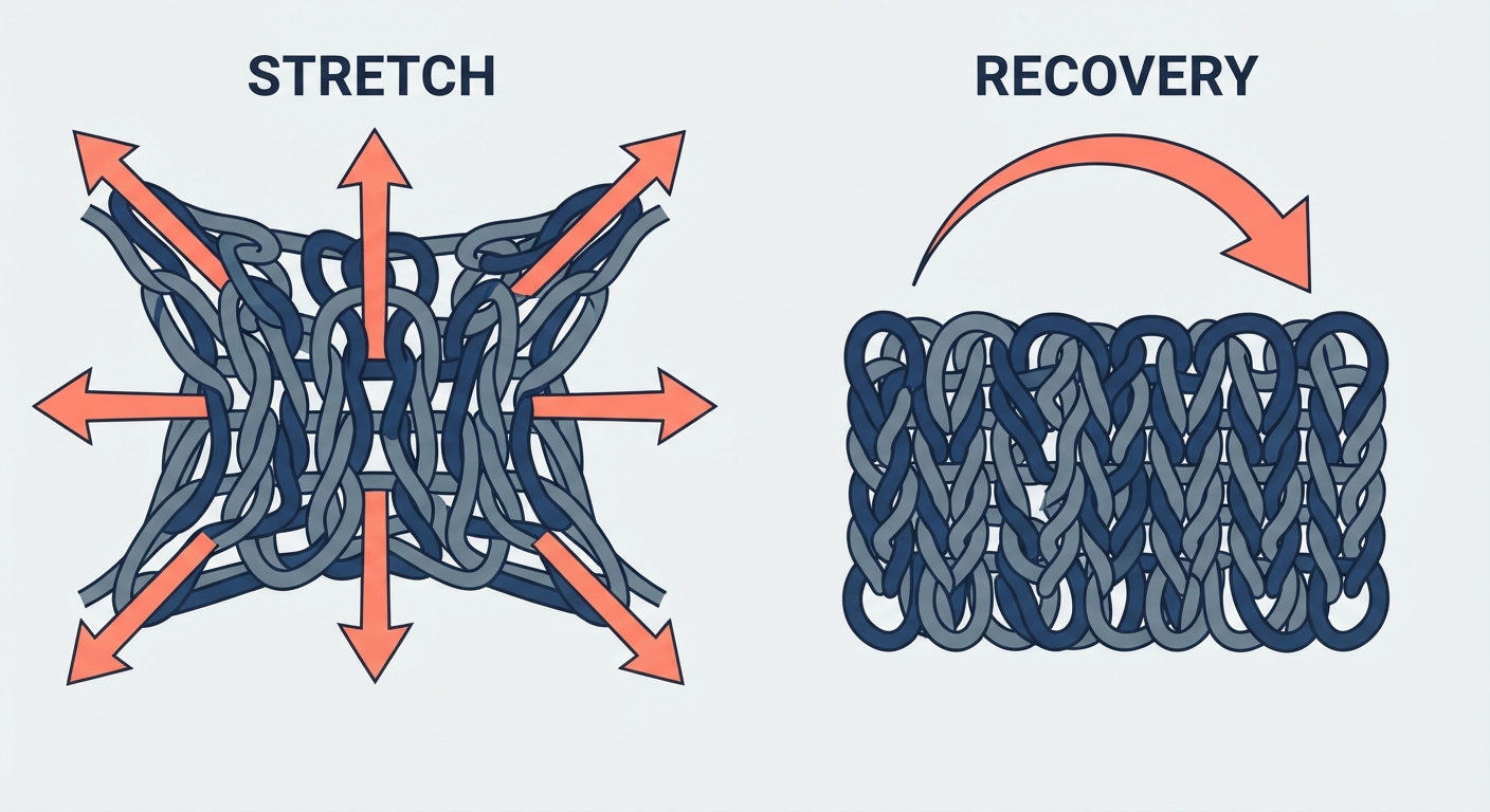 Technical illustration of activewear fabric showing high-recovery stretch and snap-back properties.