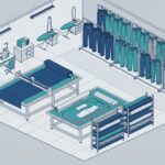 Technical illustration of a modern, organized pajama pants manufacturing facility.