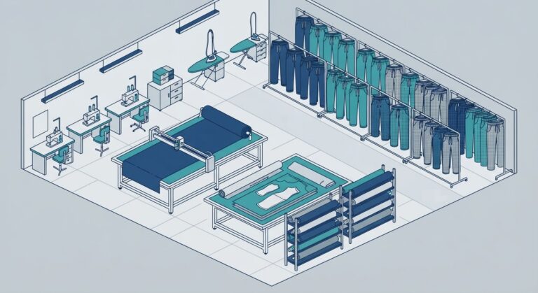 Technical illustration of a modern, organized pajama pants manufacturing facility.