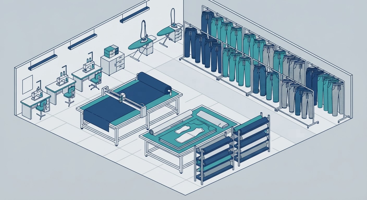 Technical illustration of a modern, organized pajama pants manufacturing facility.