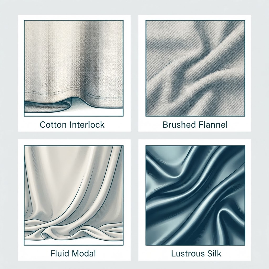 Technical material illustration comparing cotton, flannel, modal, and silk fabric swatches.