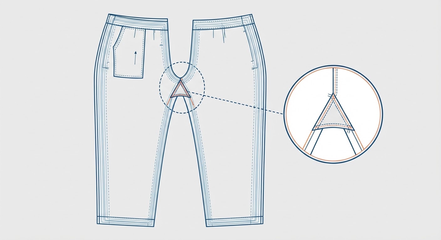 Technical garment pattern blueprint showing grading lines and gusset detail for pajama pants.