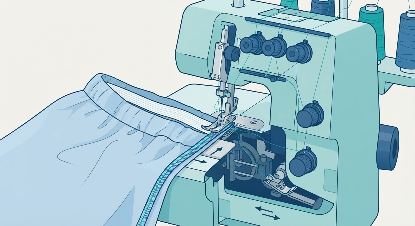 Technical illustration of an industrial overlock sewing machine assembling pajama pants.