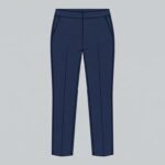Technical flat-lay illustration of structured navy blue ponte pants showing tailored details.