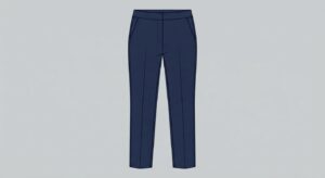 Technical flat-lay illustration of structured navy blue ponte pants showing tailored details.