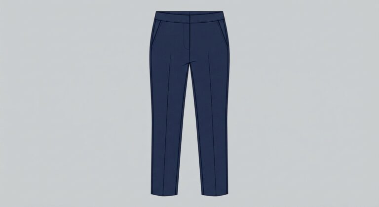 Technical flat-lay illustration of structured navy blue ponte pants showing tailored details.