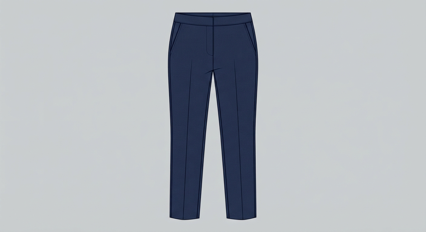 Technical flat-lay illustration of structured navy blue ponte pants showing tailored details.