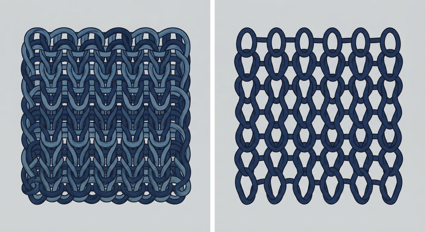 Technical diagram comparing the dense interlocking structure of double-knit ponte fabric with single-knit jersey.