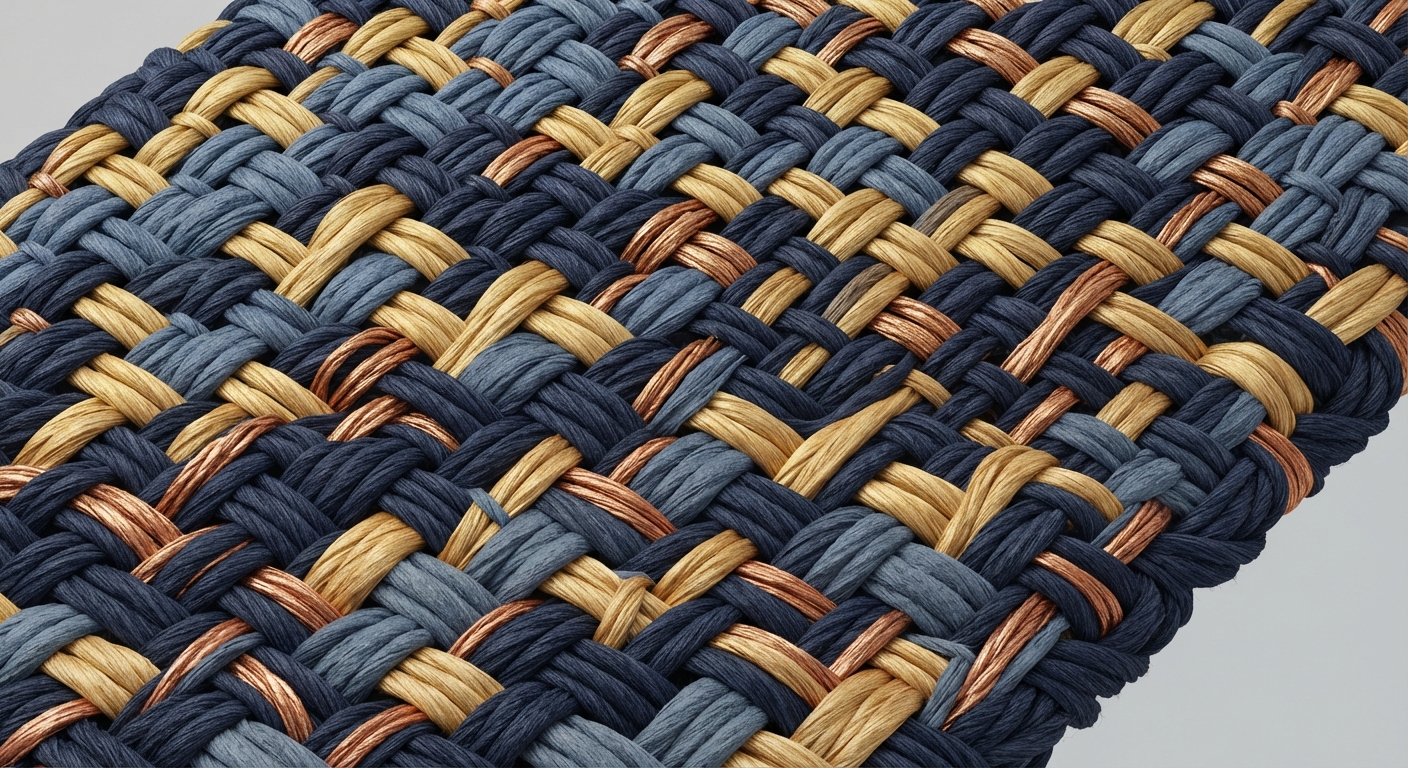 Abstract technical illustration of four colored fiber threads weaving together to form a high-quality ponte fabric blend.