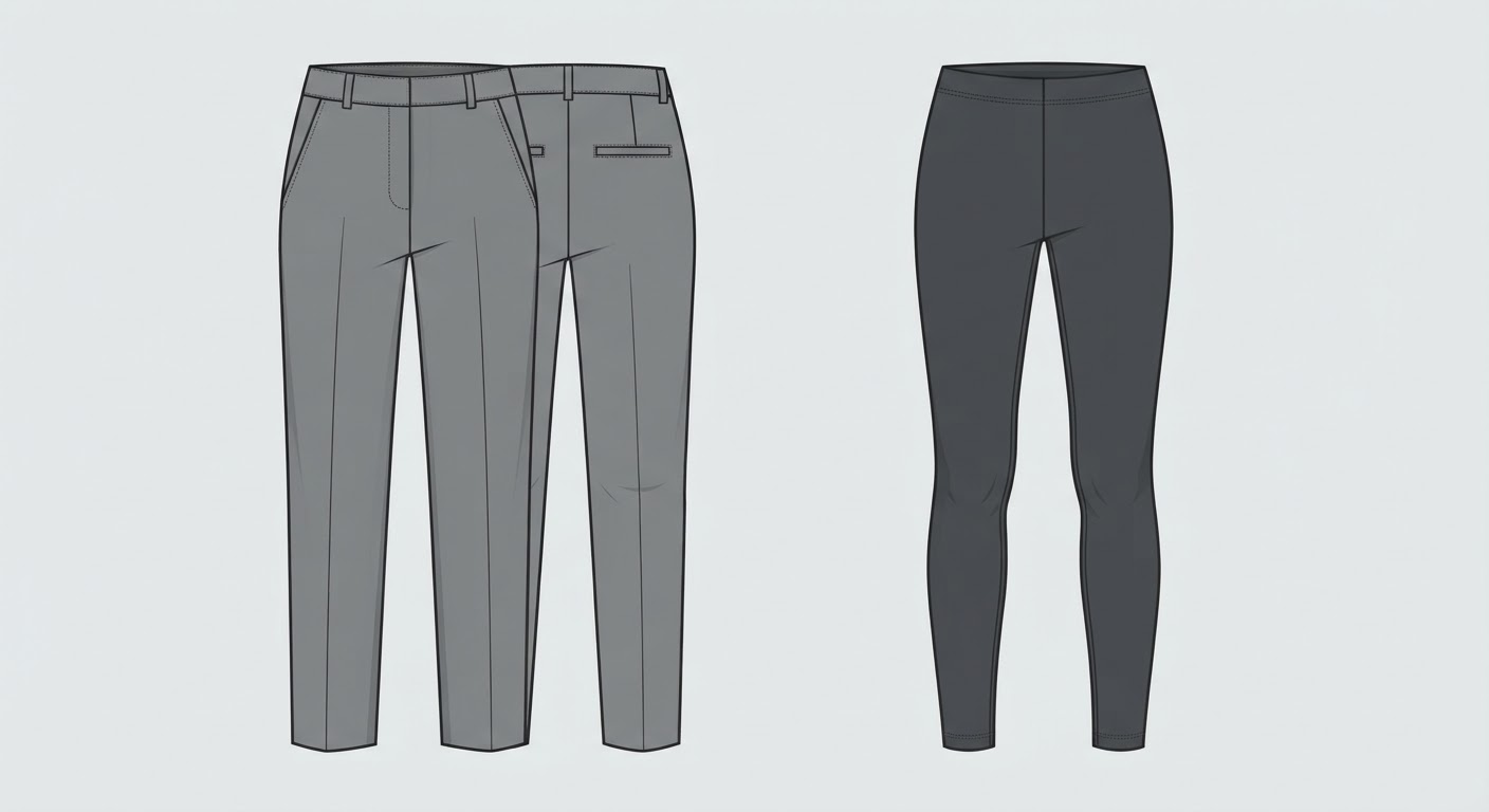 Technical garment sketch comparing structured ponte pants featuring pockets and belt loops with simple, minimalist leggings.