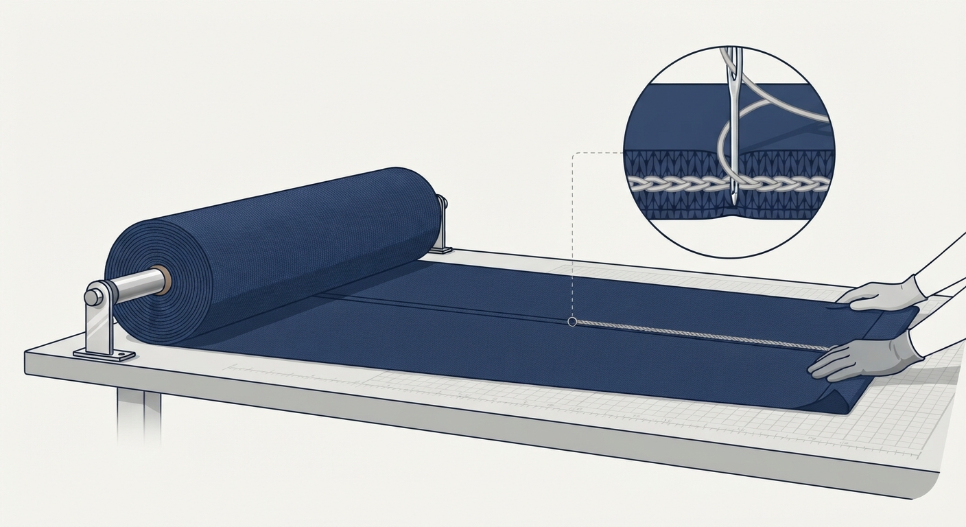 Technical process illustration of fabric relaxation on a cutting table and ballpoint needle sewing on double-knit fabric.