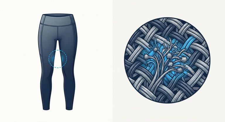 Technical illustration showing the process of fiber friction and pilling on leggings.