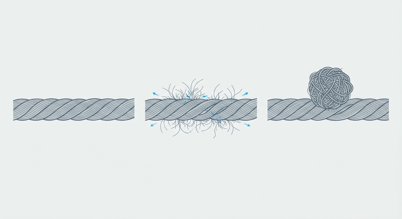 Three-stage diagram showing how synthetic fibers break and form persistent pills.
