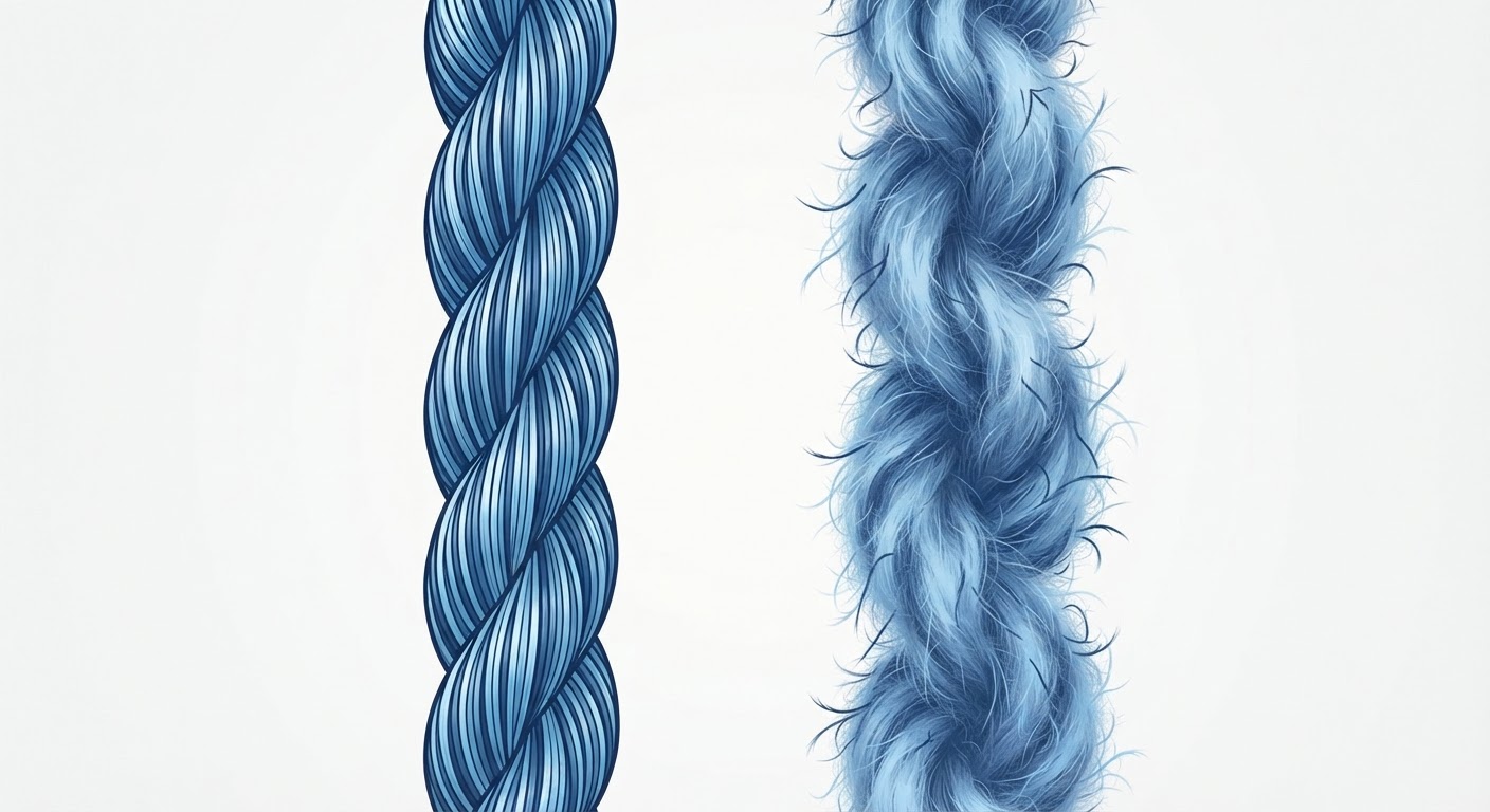 Comparison diagram of high-twist yarn versus loose brushed yarn structures.