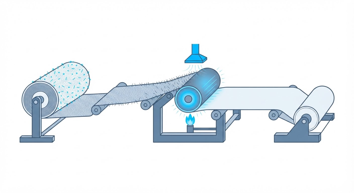 Technical schematic of the fabric singeing process to remove loose surface fibers.