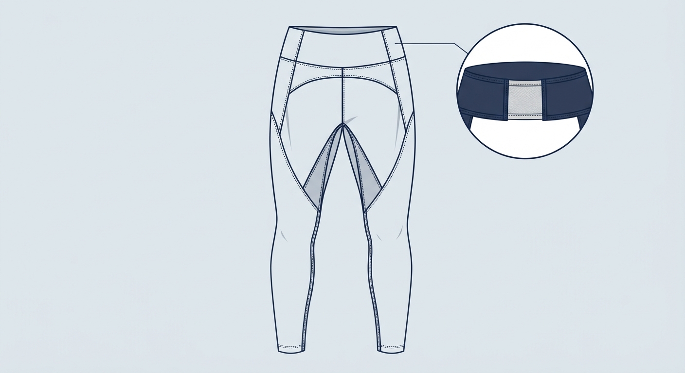 Technical flat sketch of leggings pattern showing seam placement and waistband construction.