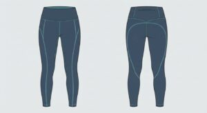 Technical garment illustration of premium performance leggings showing front and back construction details.