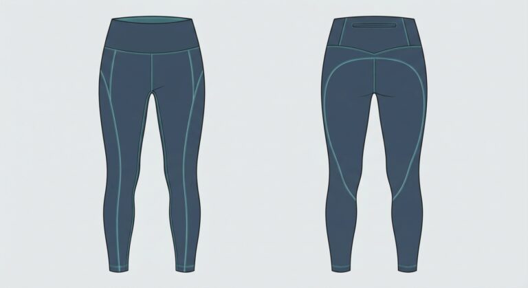 Technical garment illustration of premium performance leggings showing front and back construction details.