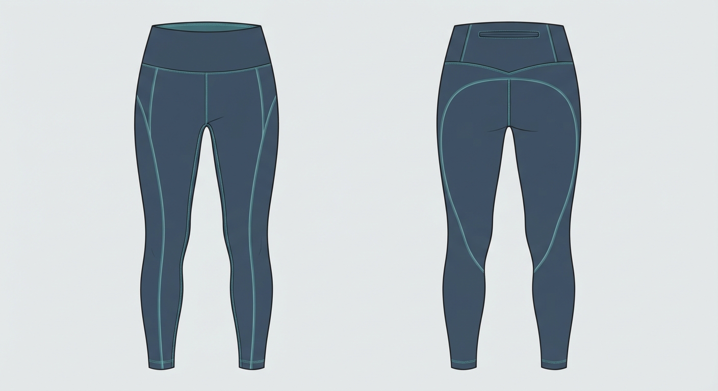 Technical garment illustration of premium performance leggings showing front and back construction details.