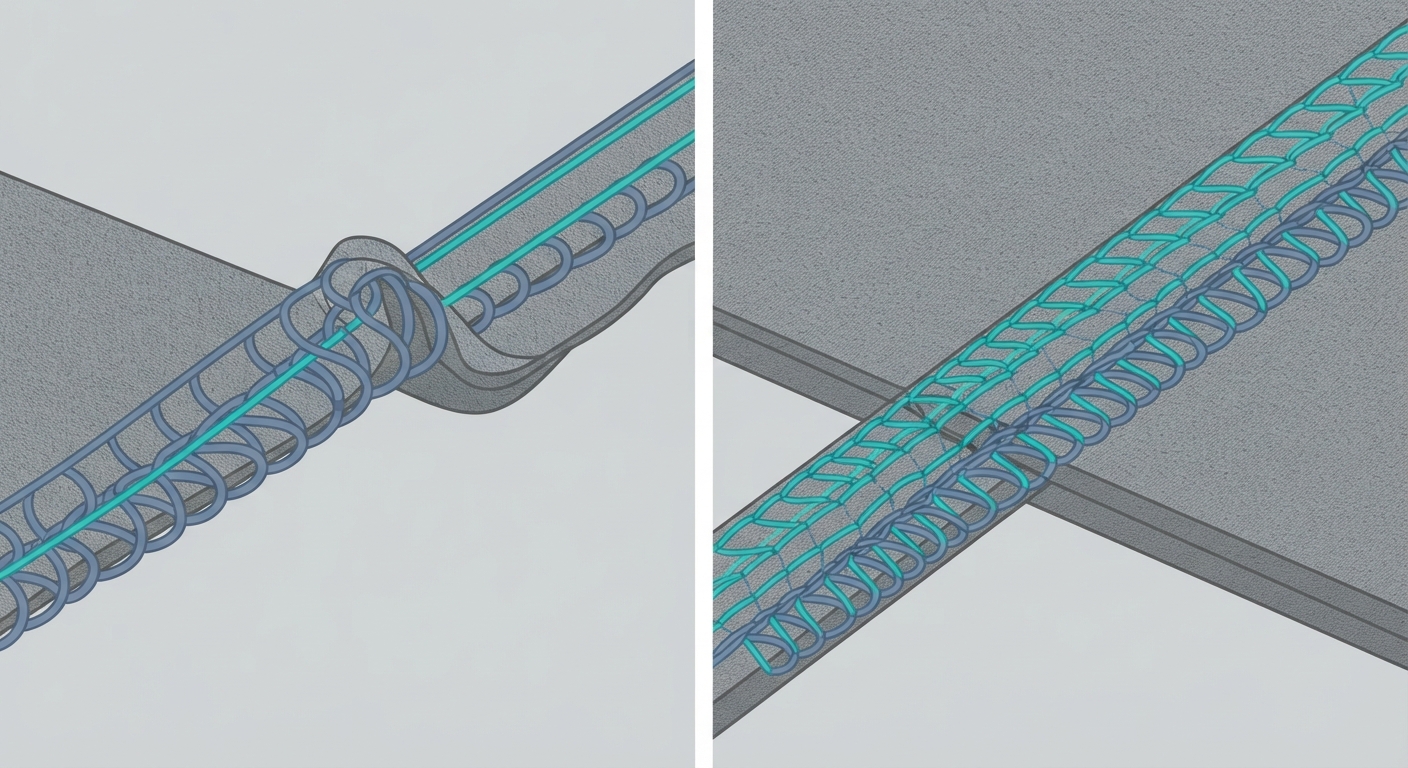 Technical illustration comparing standard overlock stitching with flatlock activewear stitching.