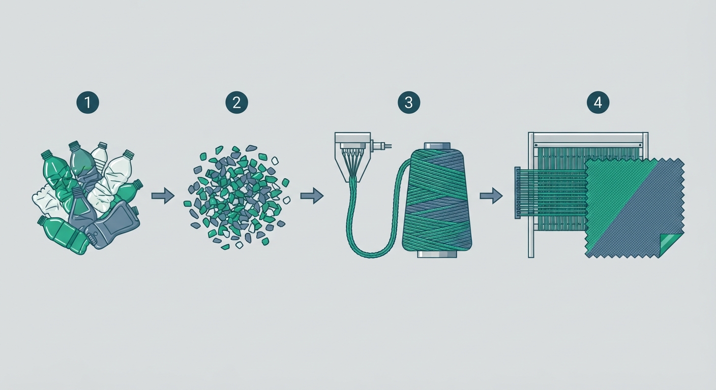Process diagram showing the transformation of recycled materials into sustainable performance fabric.