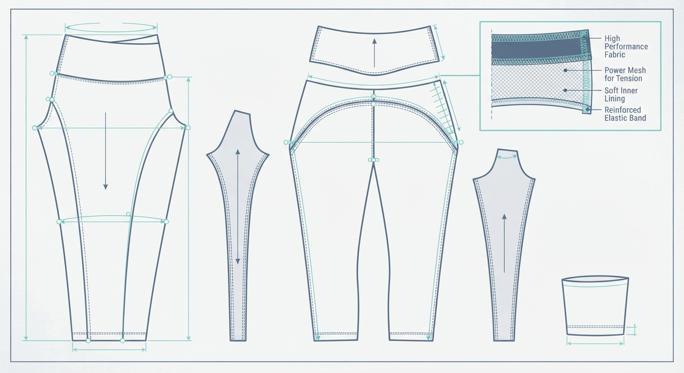 Technical blueprint and tech pack layout of activewear leggings showing patterns and measurements.