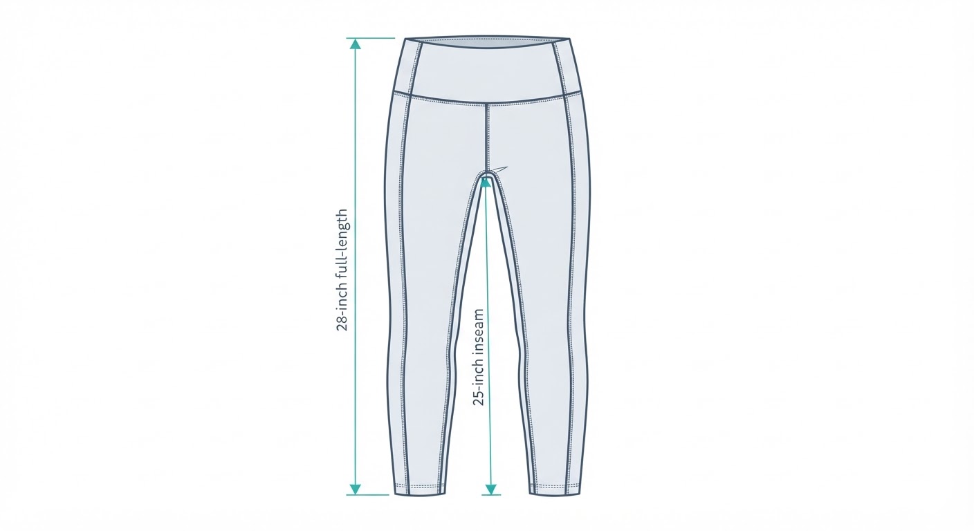 Technical flat sketch of 7/8 leggings showing the 25-inch inseam measurement compared to full-length