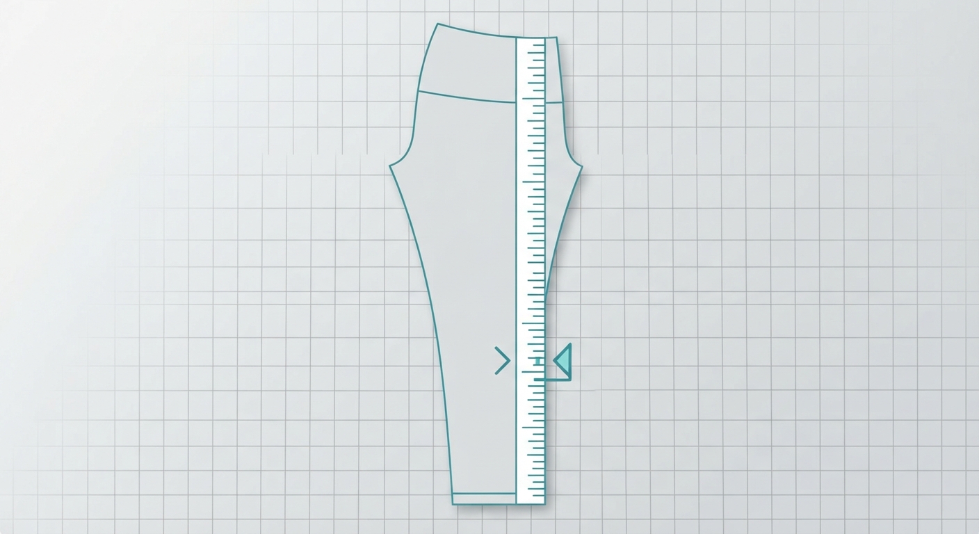 Technical pattern layout of 7/8 leggings with an inseam measurement guide on a cutting table