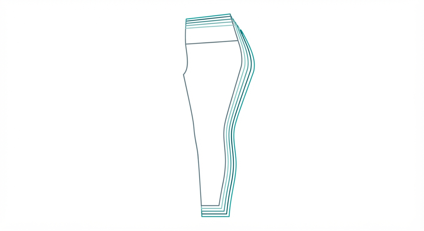 Technical pattern grading diagram showing ankle opening and calf taper adjustments for 7/8 leggings