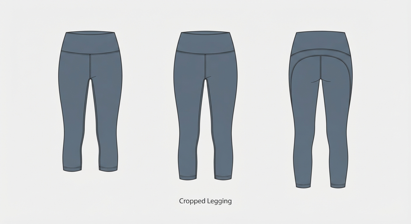Flat technical drawing comparing capri, cropped, and 7/8 legging lengths side-by-side
