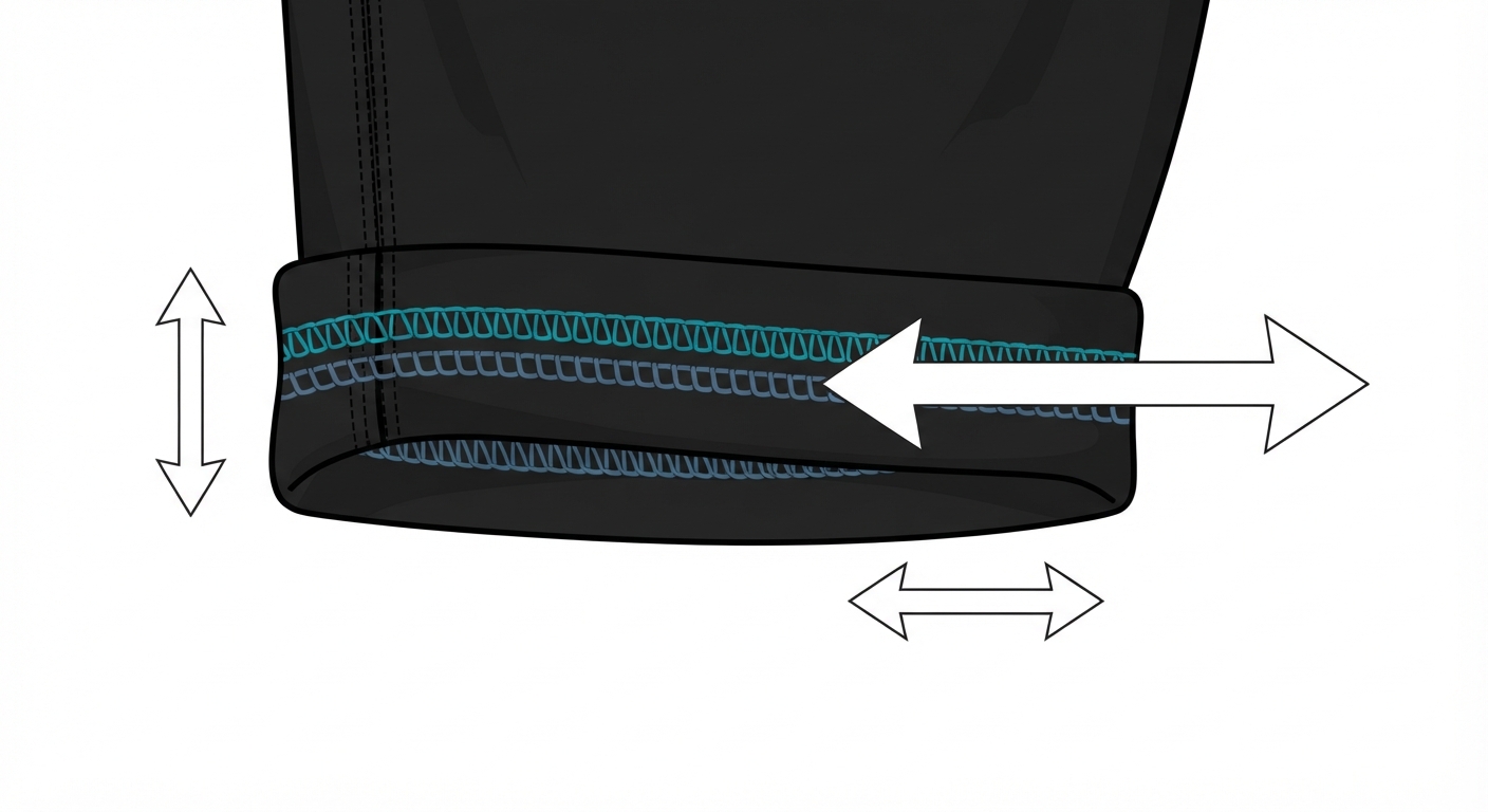 Technical detail drawing of a flatlock coverstitch hem on a 7/8 legging