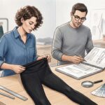 A professional quality control setting with a tech pack, measuring tools, and a garment sample on a table.