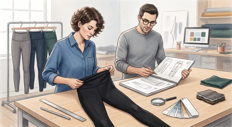 A professional quality control setting with a tech pack, measuring tools, and a garment sample on a table.